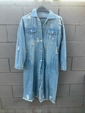 Distressed Light Blue Longline Denim Jacket
